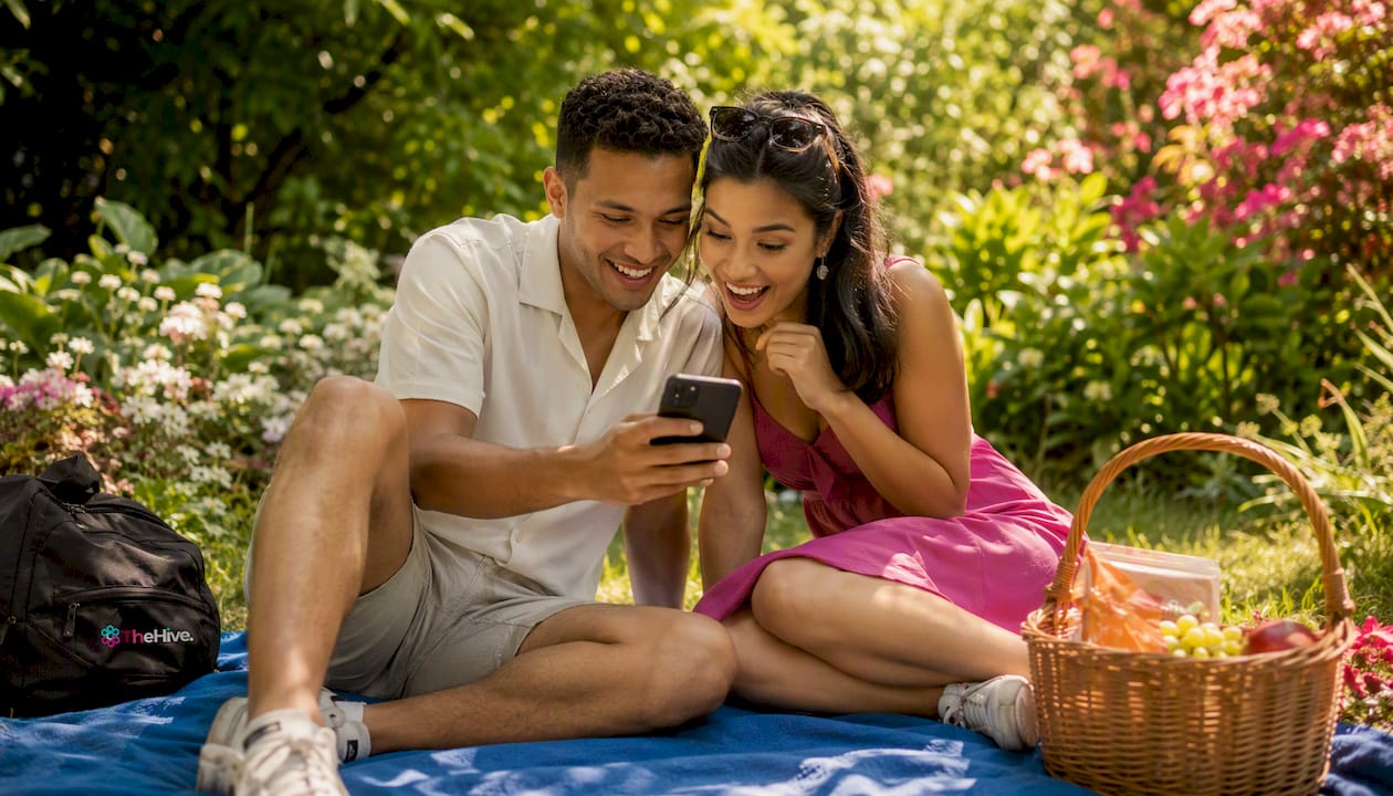 Couple browsing travel reviews and photos on smartphone outdoors