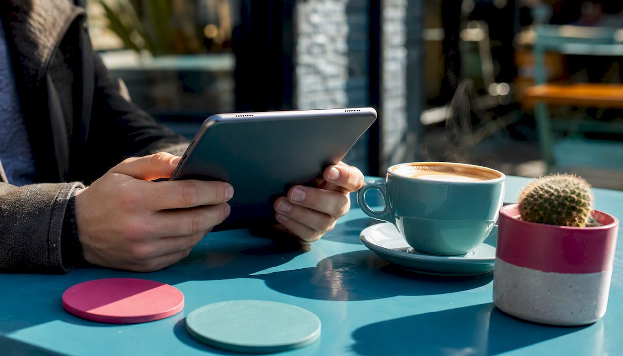 Hands holding tablet device on table