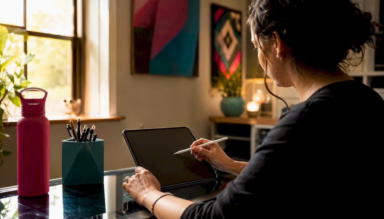 Hands writing service bio on tablet