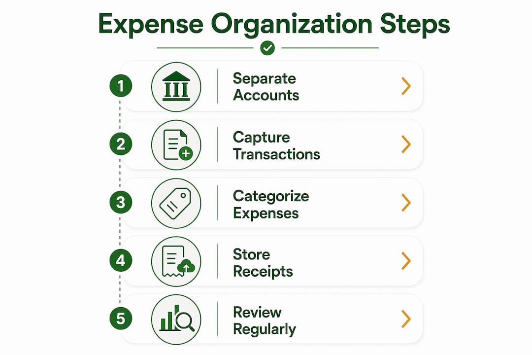 Infographic illustrating steps to organize business expenses
