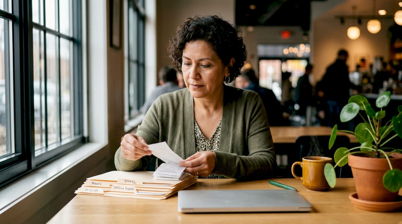 Woman sorting business expense receipts at home office