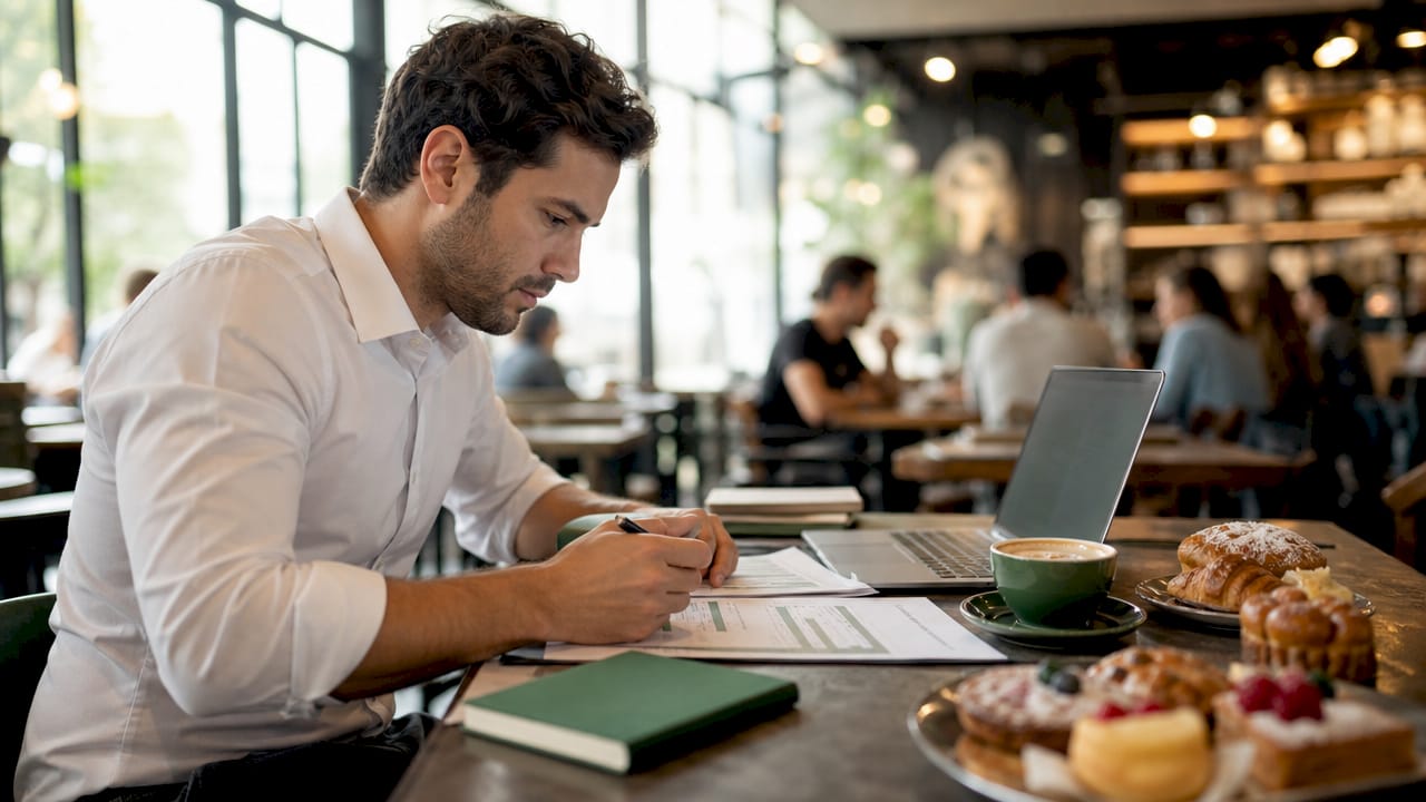 Accountant reviewing financial reports at desk