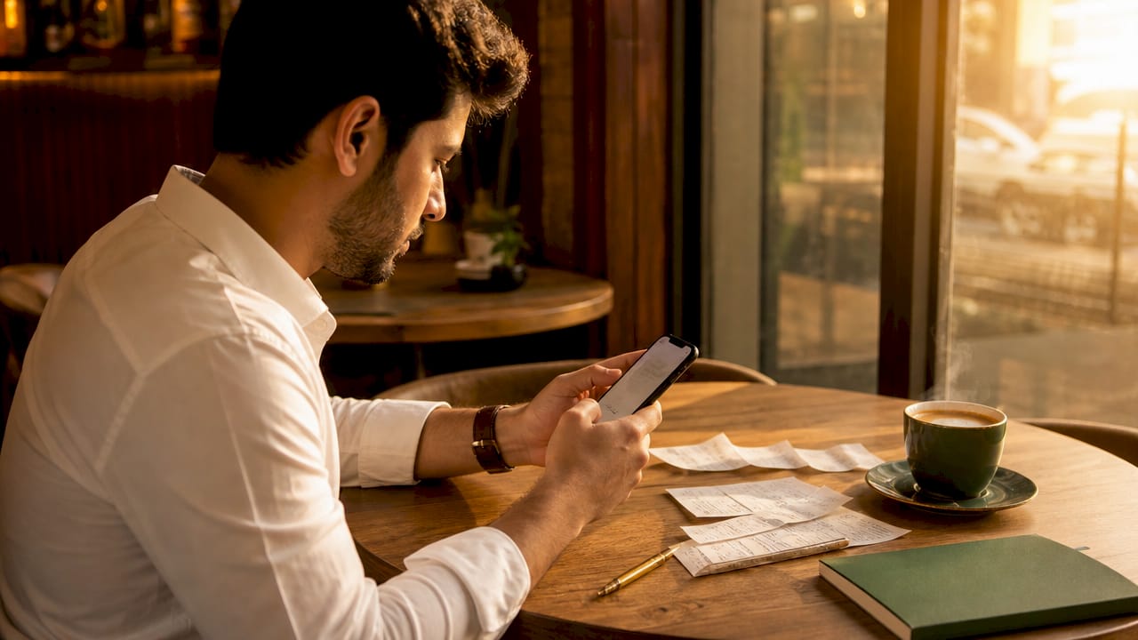 Hands using receipt scanner app for expense documentation