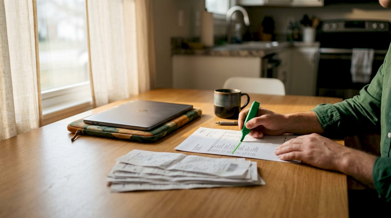 Hands marking bank statement for reconciliation