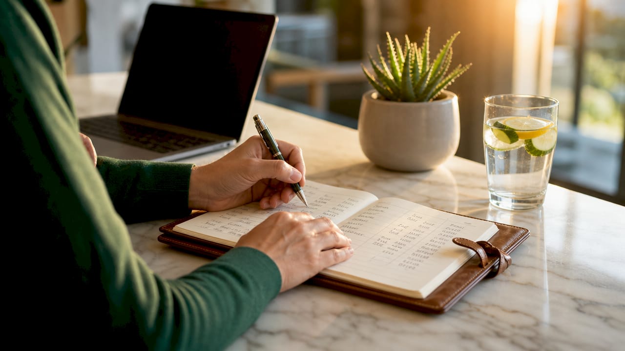 Hands writing transaction log on notebook over kitchen table