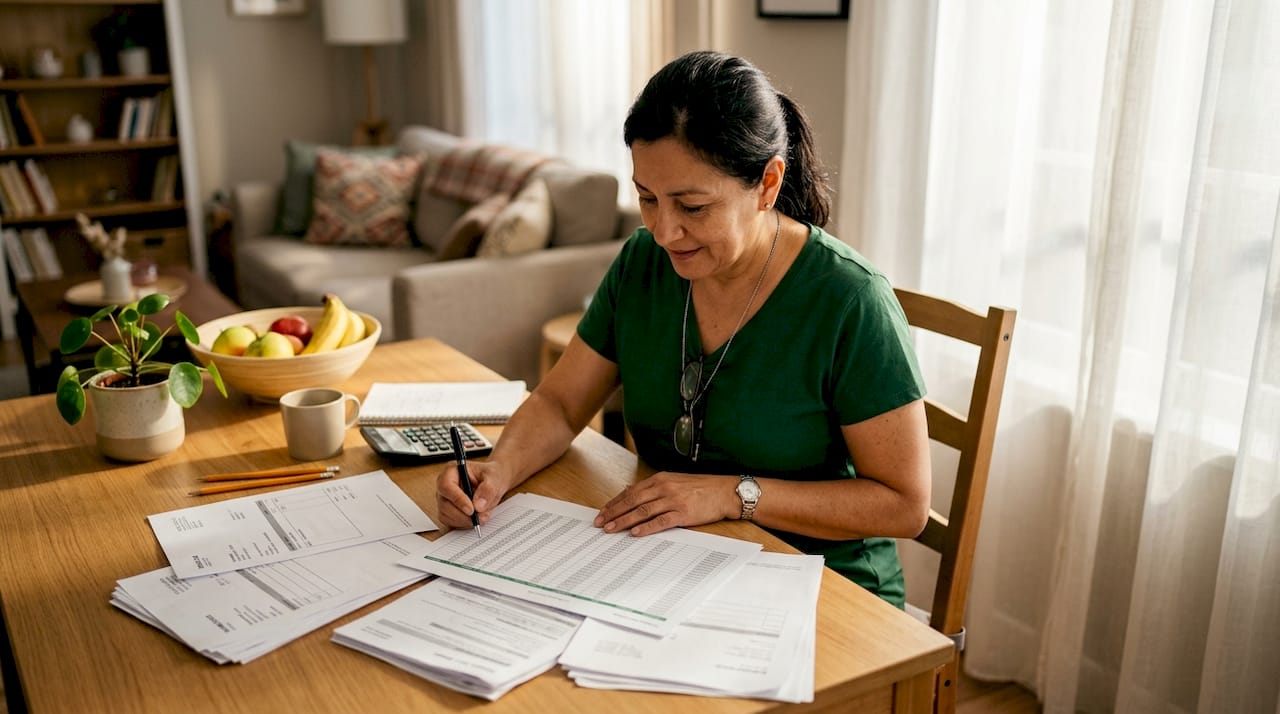 Accountant reviewing papers at desk in home office