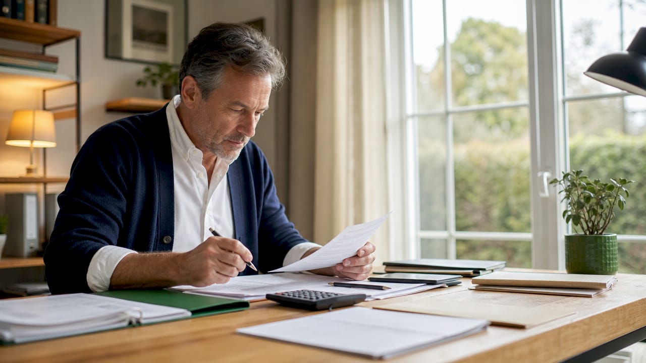 CPA reviewing tax return documents at desk