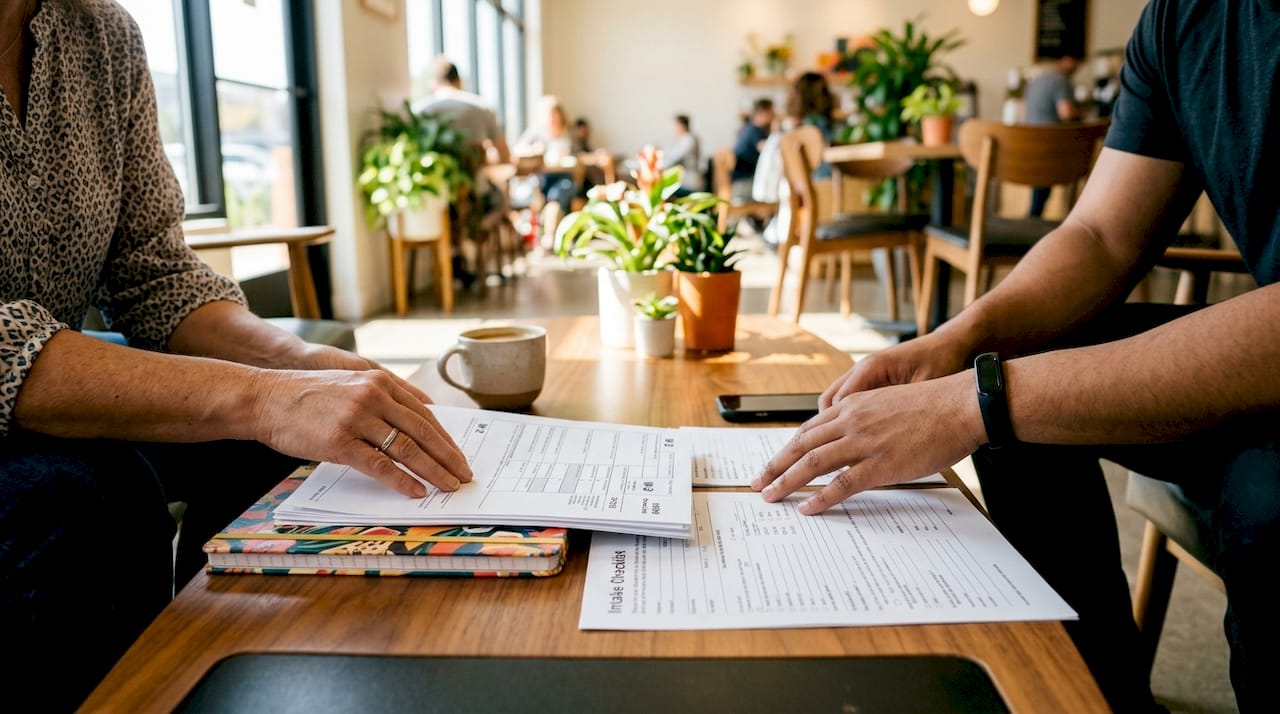 Hands organizing tax documents and checklist