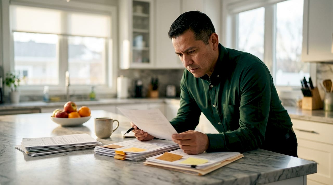 Small business owner reviewing tax documents at desk