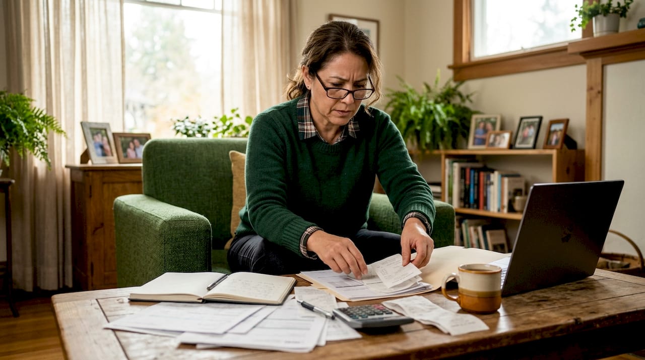 Freelancer organizing tax documents in home office