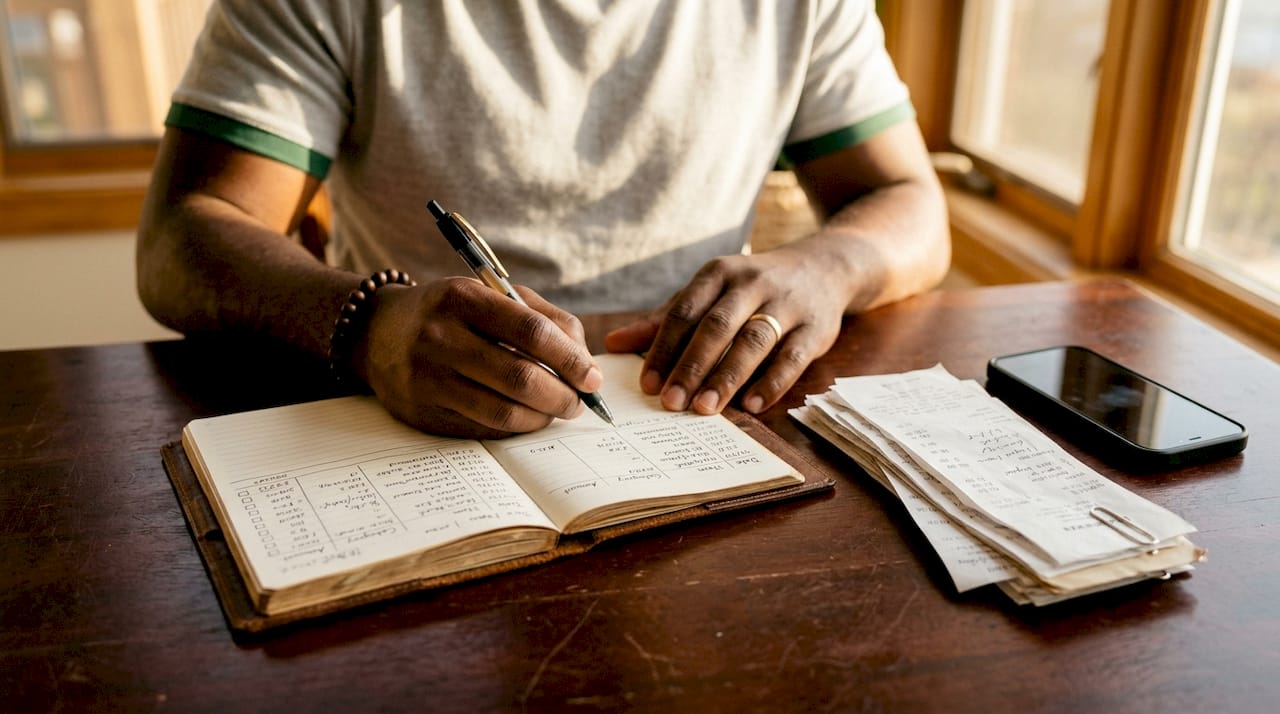 Close-up of freelancer hands logging expenses in notebook