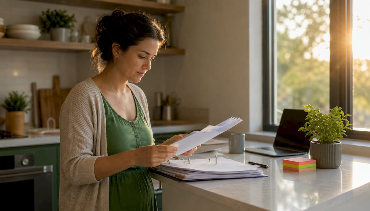 Entrepreneur reviewing audit-ready business records in home office