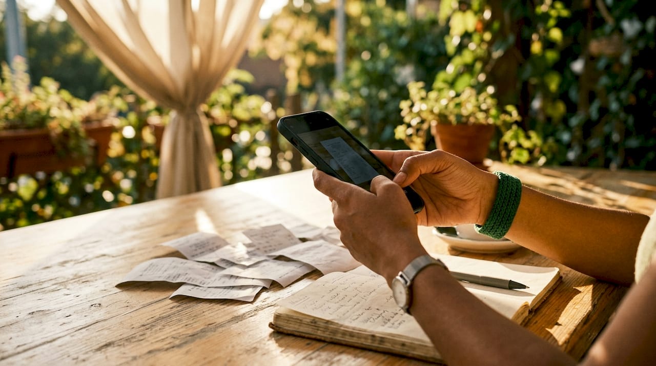 Freelancer capturing receipt images with smartphone