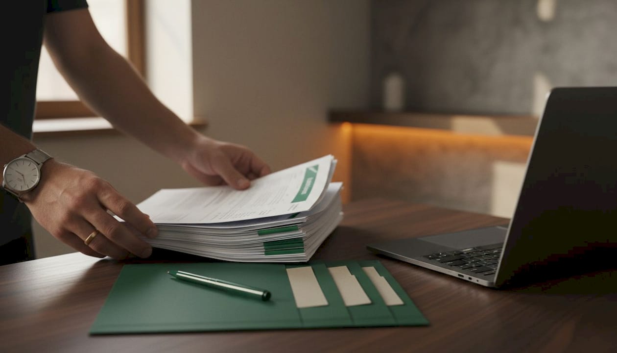 Hands sorting expense report documents