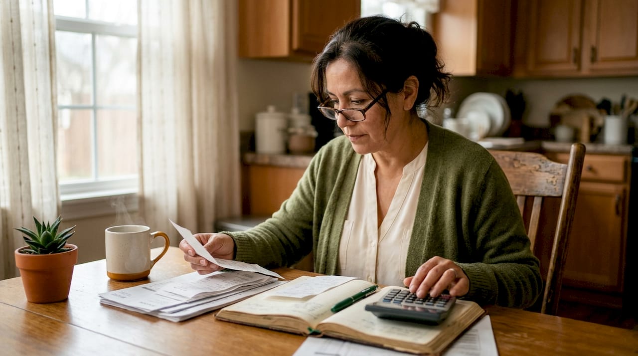 Woman working on bookkeeping tasks at home desk