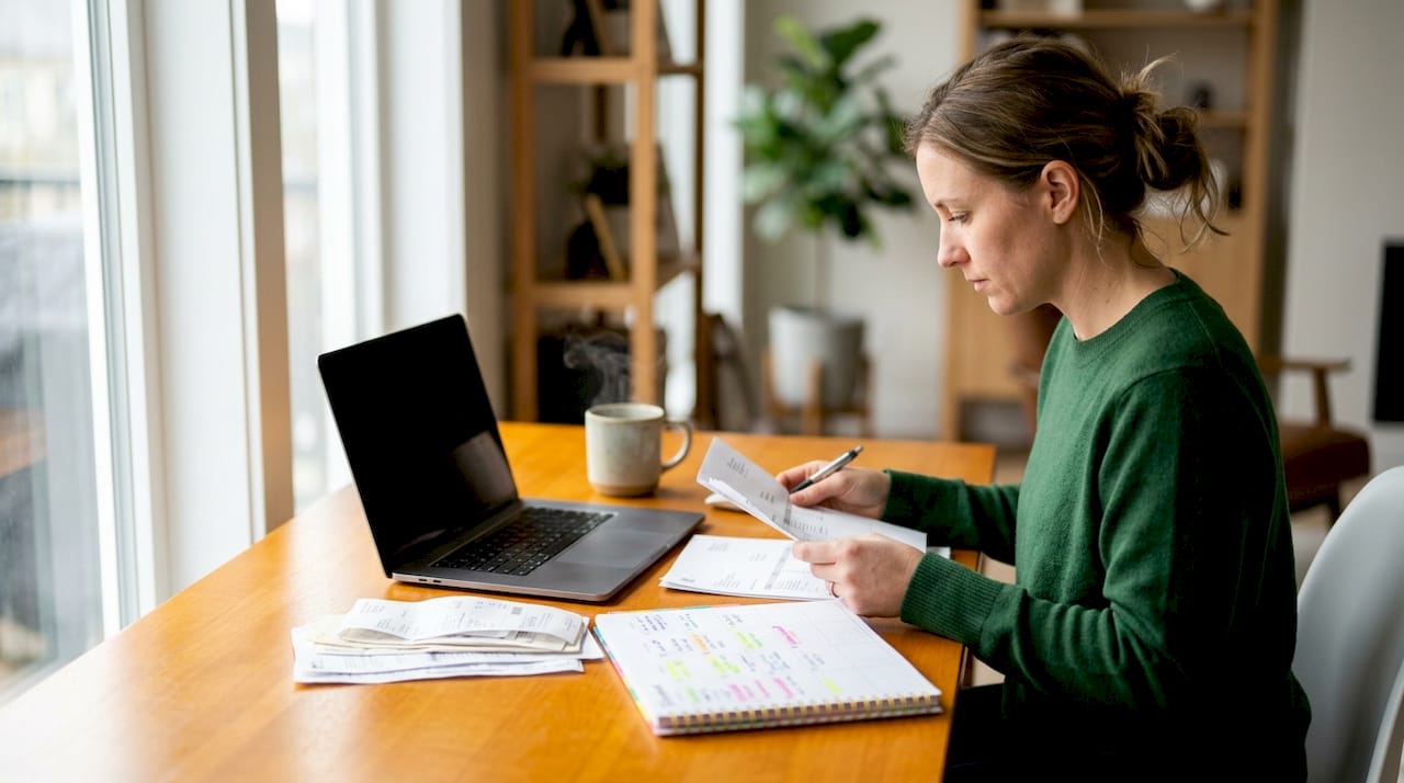 Overhead of bookkeeping workflow desk with receipts and laptop