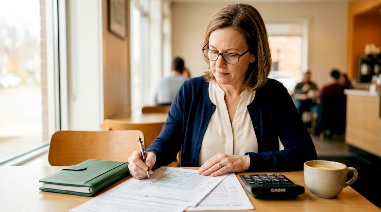 Tax professional reviewing printed tax documents