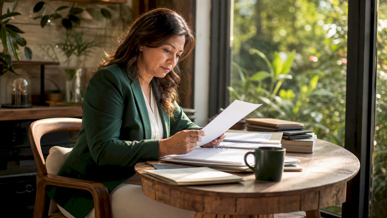 Woman reviewing year-end tax checklist at desk
