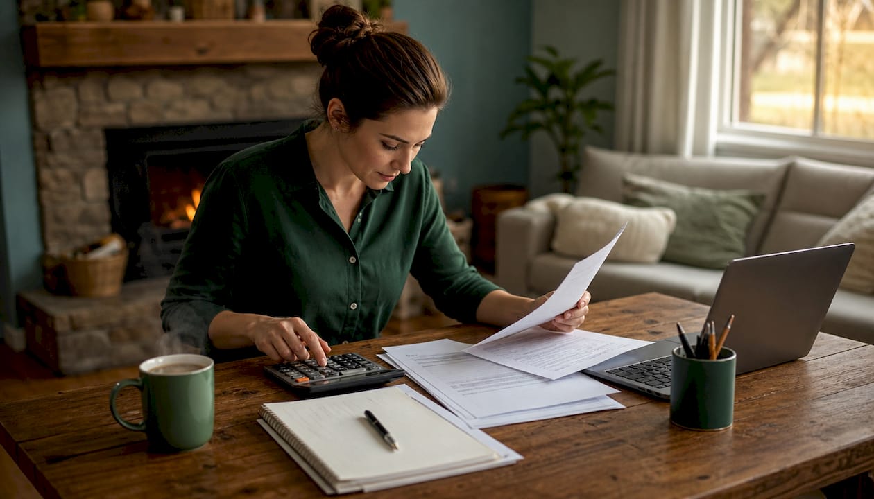 Freelancer calculating quarterly taxes at home desk