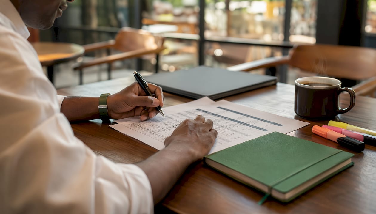 Hands marking profit and loss statement