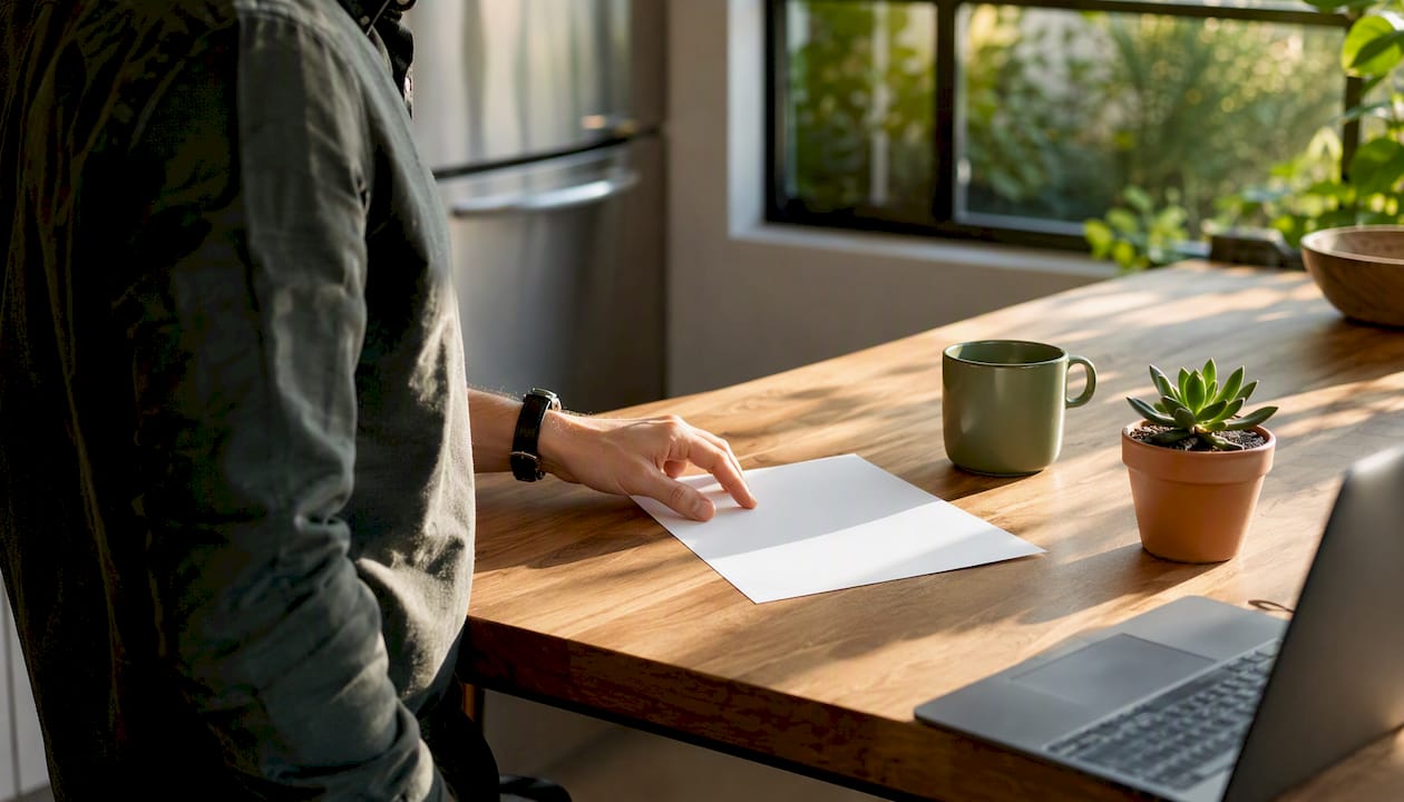 Hand placing bank statement on desk next to smartphone