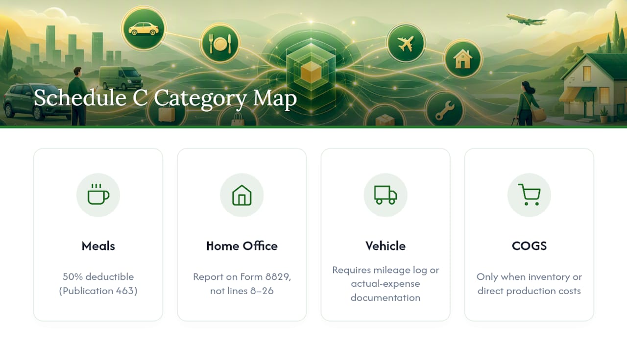Diagram linking bookkeeping categories to Schedule C lines