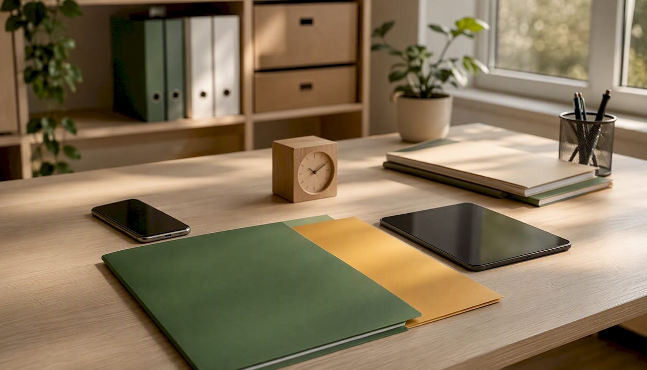 Organized desk for bookkeeping and records