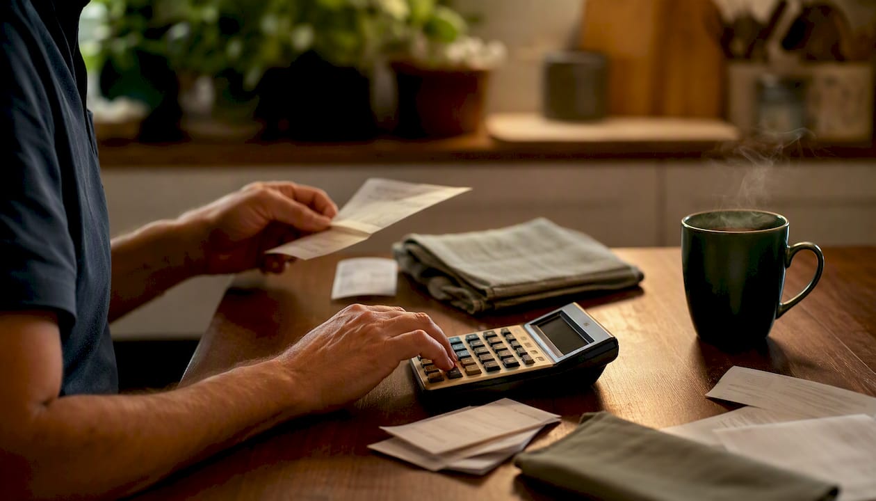 Hands using calculator on wooden desk