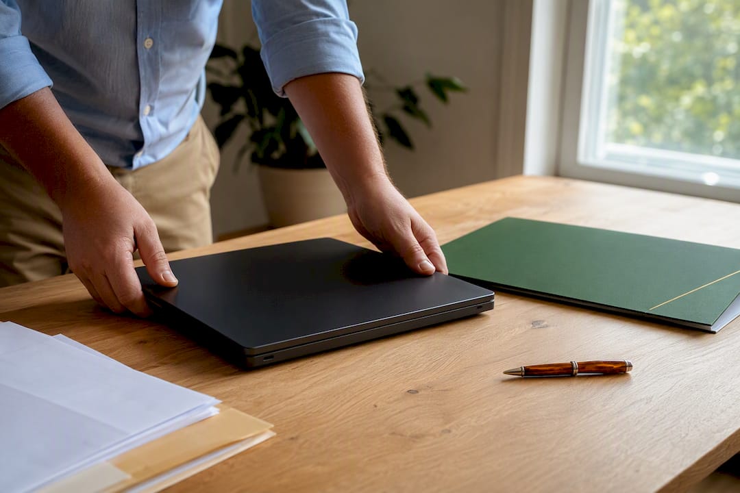 Hands placing laptop on office desk with document tools