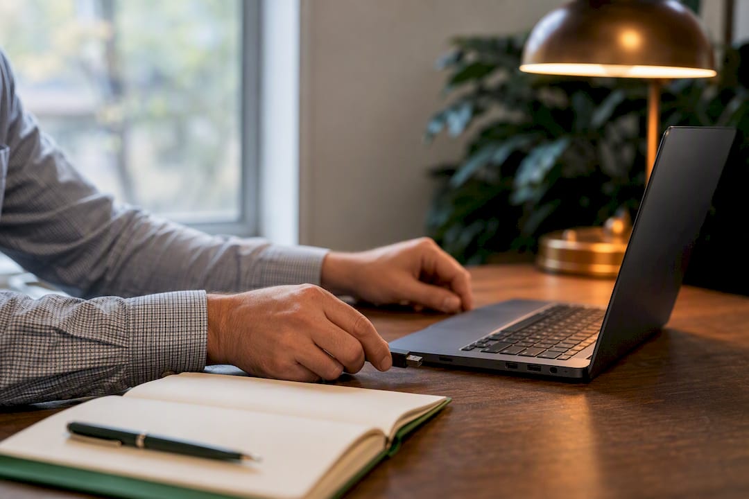 Hands plugging USB into laptop on desk