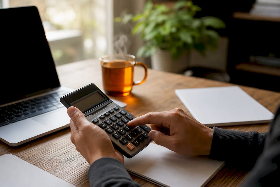 Hands using calculator for tax penalty calculations