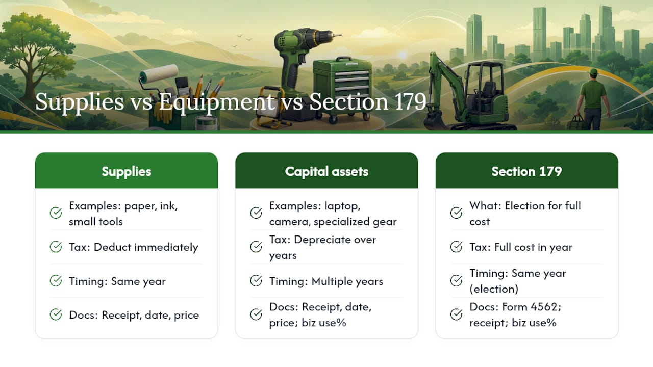 Diagram of supplies, equipment depreciation, and Section 179 election