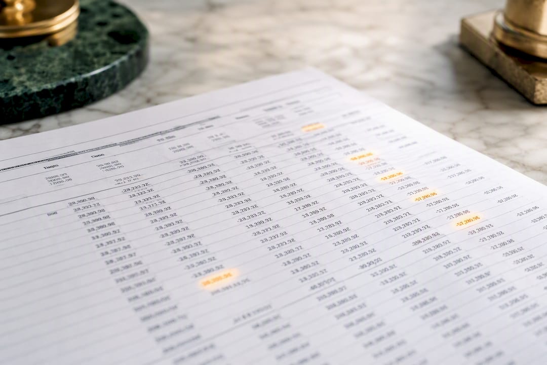 Close-up of detailed bank statement with data highlights
