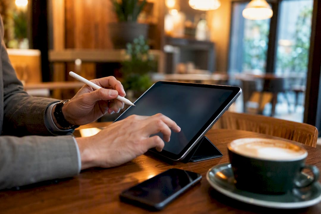 Hands pointing at digital ledger tablet