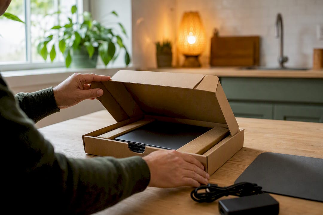Hands unboxing laptop on modern desk