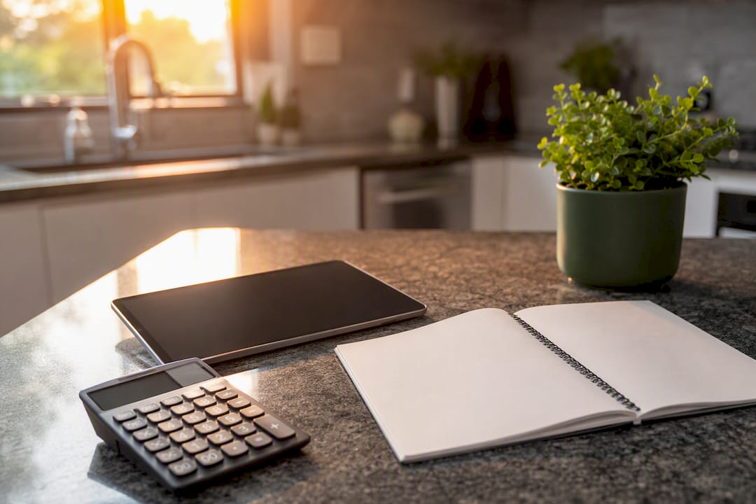 Workspace with calculator and blank notebook