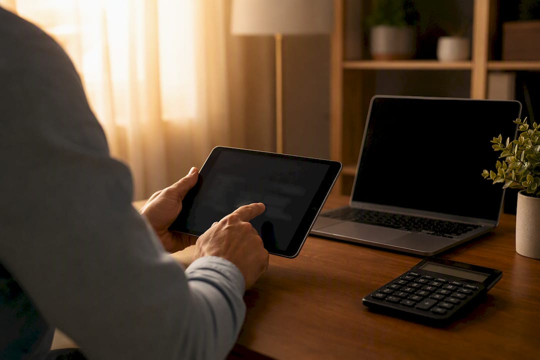 Hands extracting data on tablet with calculator