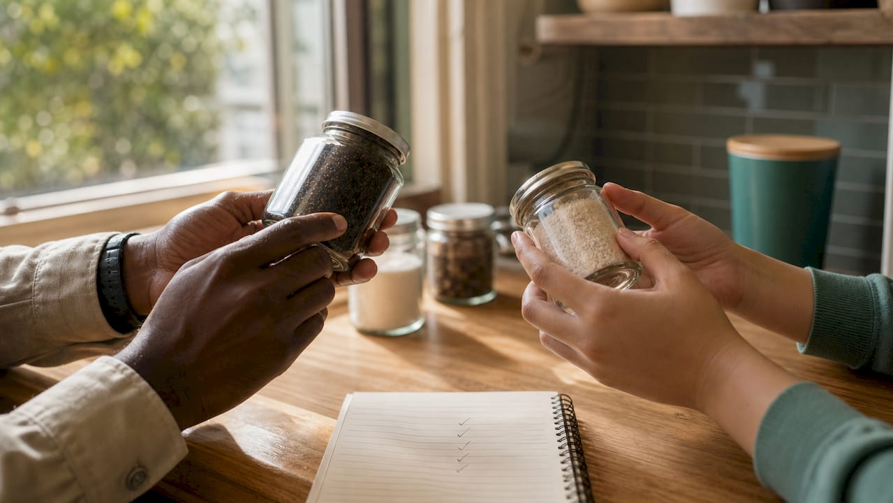 Close-up of hands inspecting ingredient batch labels