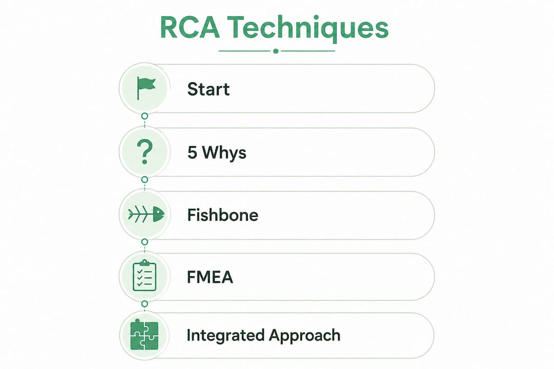 Infographic illustrating root cause analysis techniques in manufacturing