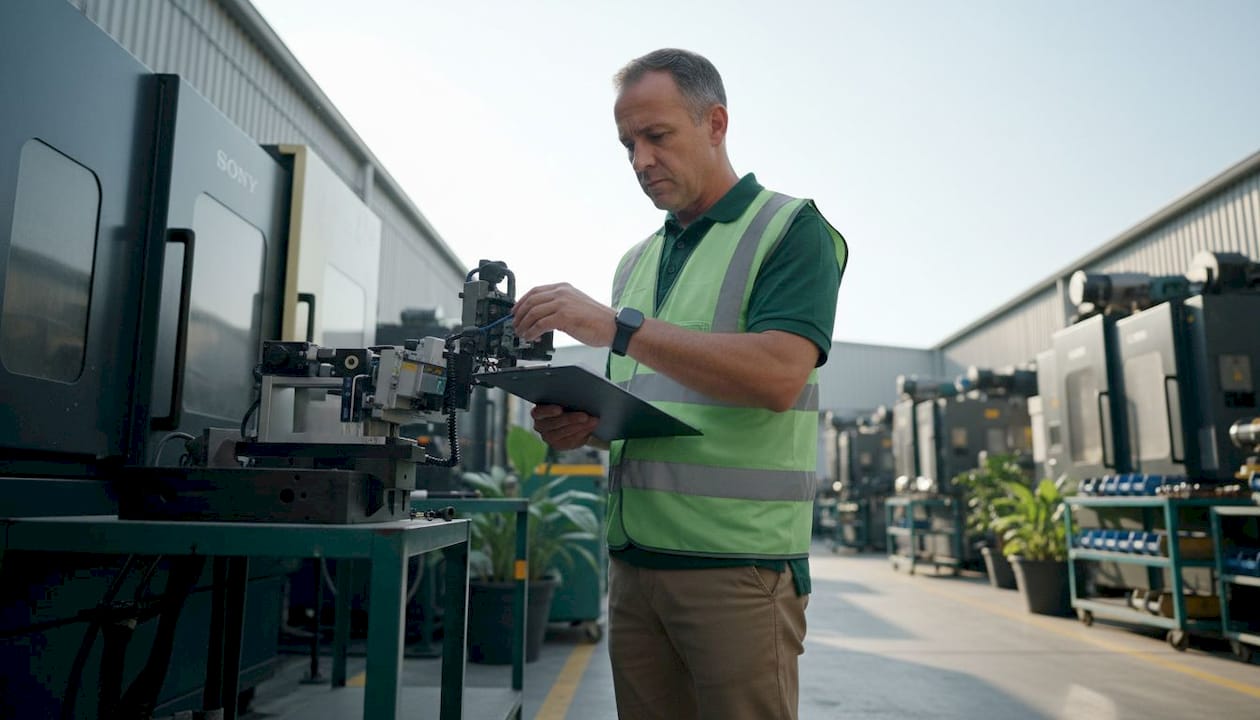 Quality specialist inspecting machine for defects