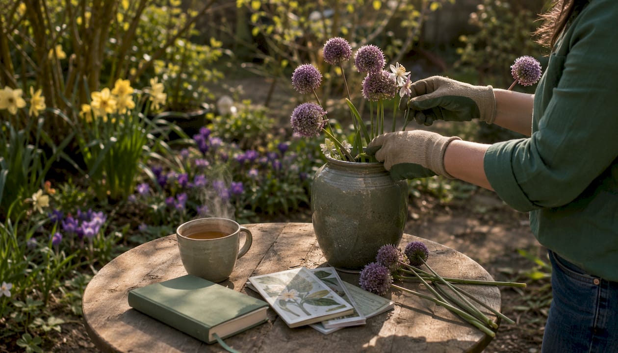 Hands examining flower bloom notes on garden table