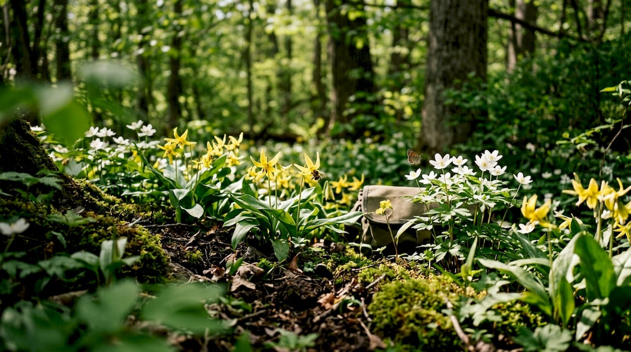 Native wildflowers blooming in woodland garden