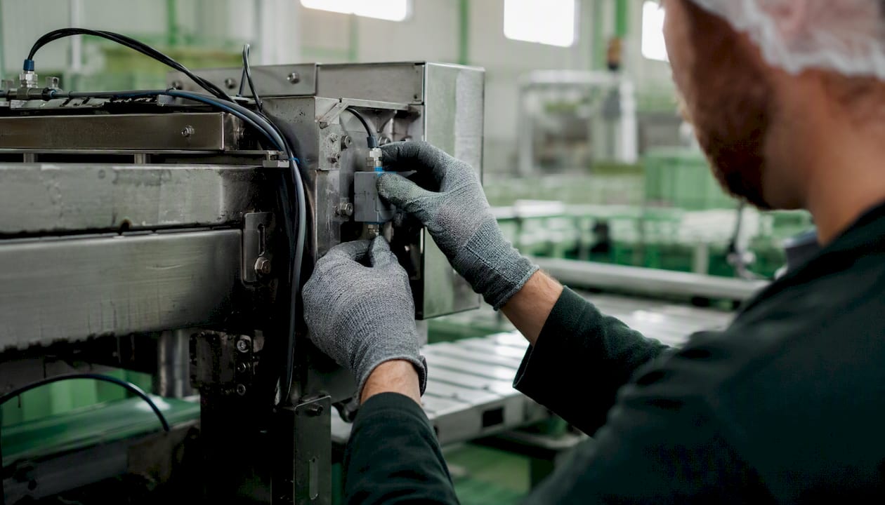 Operator hands adjusting vibration sensor on food packaging line