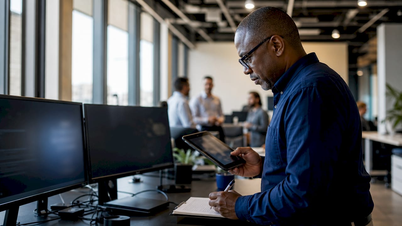 Technician inspecting virtualized server hardware