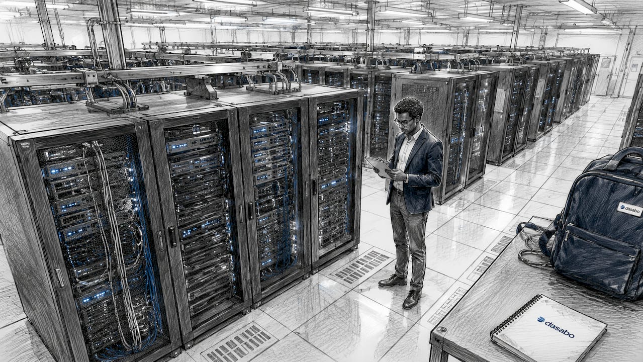 Data center server room with IT professional