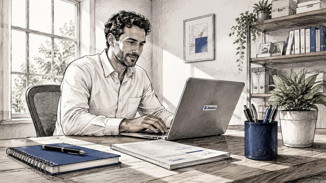 Hosting admin working on billing automation in office