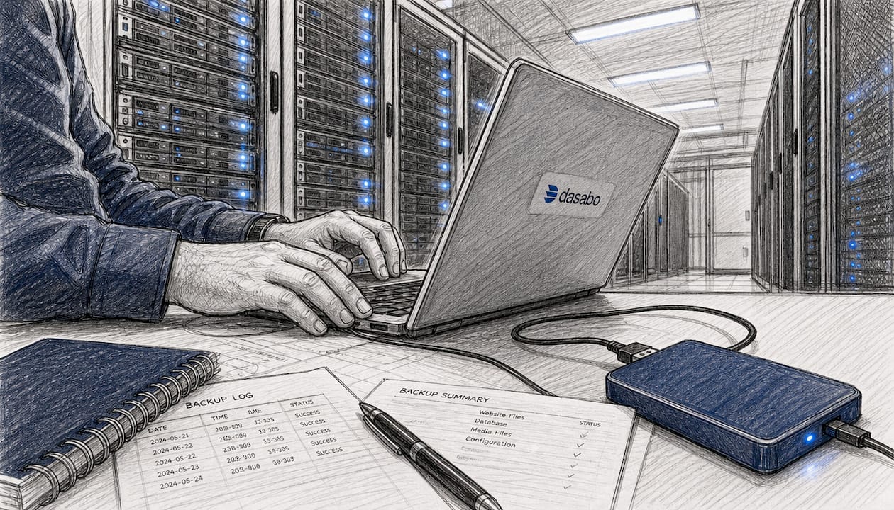 Administrator configuring website backup on laptop