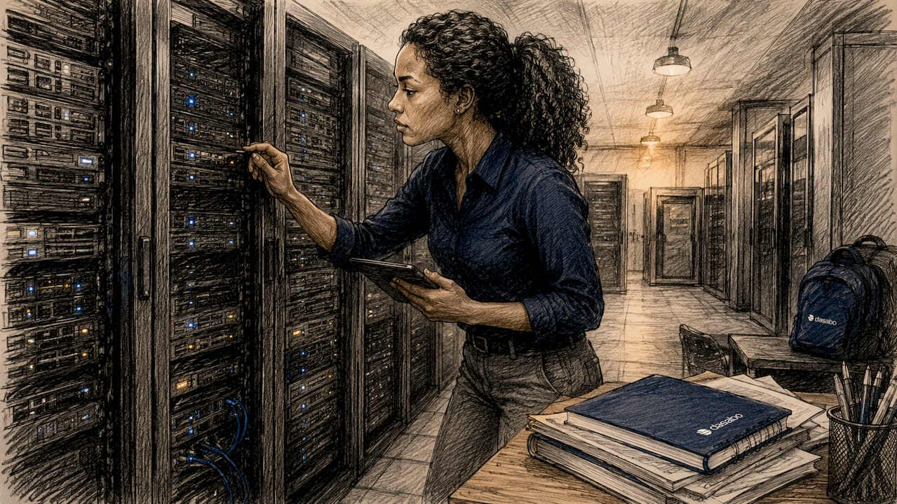 System administrator inspecting servers in data center