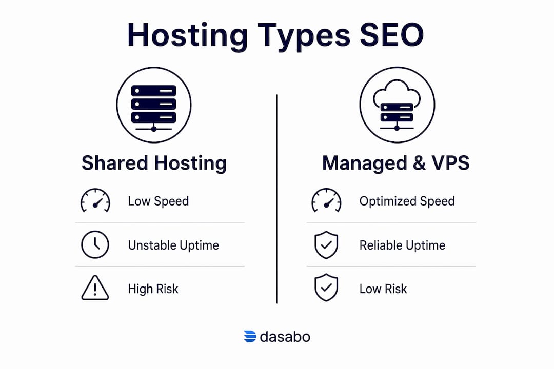 Infographic comparing hosting types and SEO impact