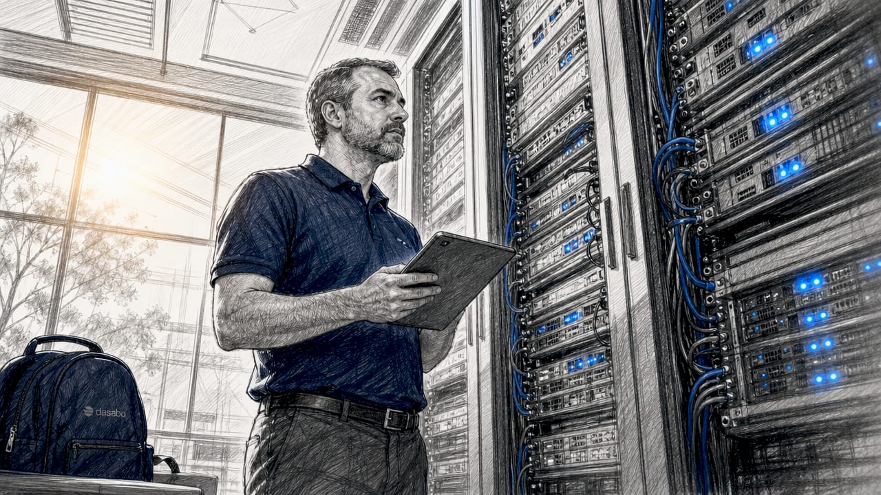 IT technician inspecting hosting servers